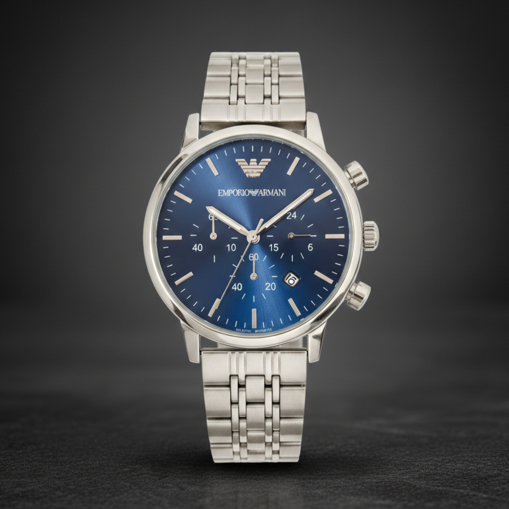 Emporio Armani Luigi Chronograph Men’s Watch – Blue Dial with Silver Mesh Bracelet - Image 2