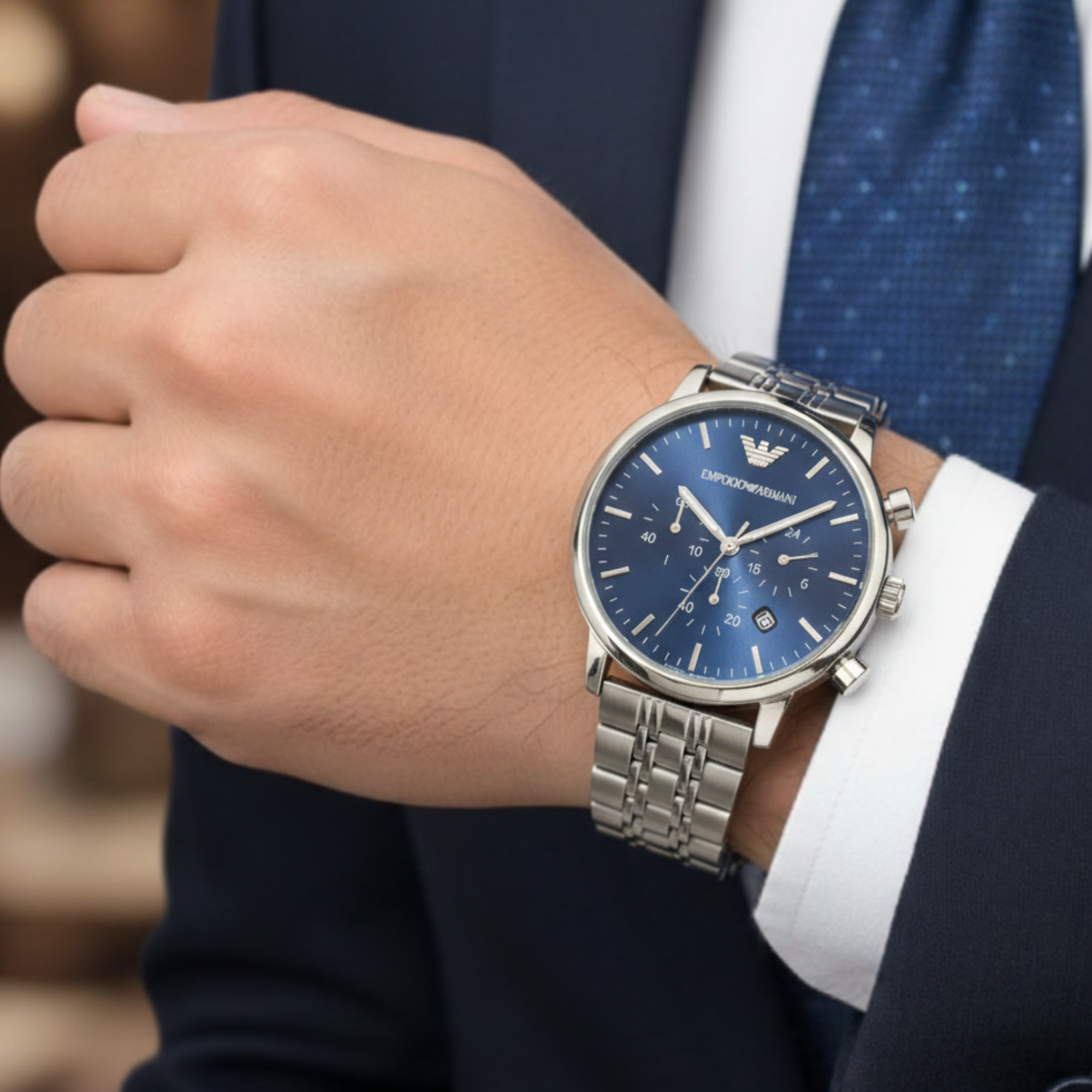 Emporio Armani Luigi Chronograph Men’s Watch – Blue Dial with Silver Mesh Bracelet - Image 3