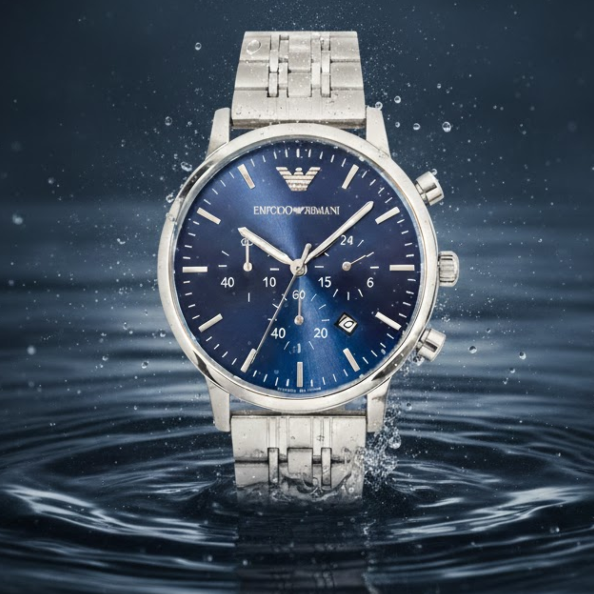 Emporio Armani Luigi Chronograph Men’s Watch – Blue Dial with Silver Mesh Bracelet - Image 4